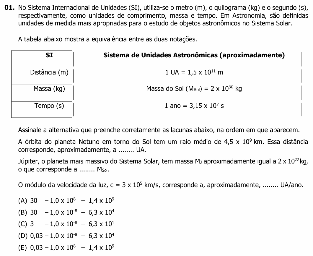 Enunciado da questão 1 de Física do UFRGS 2020