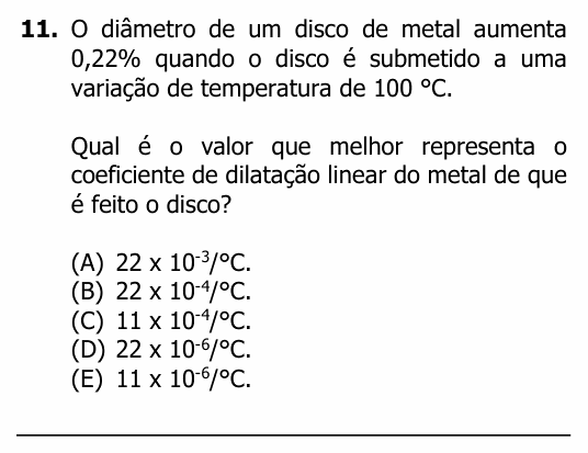 Enunciado da questão 11 de Física do UFRGS 2020
