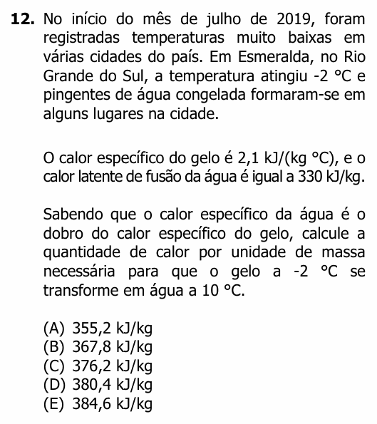 Enunciado da questão 12 de Física do UFRGS 2020
