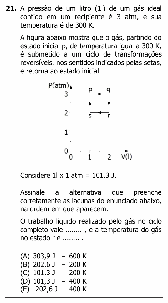 Enunciado da questão 21 de Física do UFRGS 2024