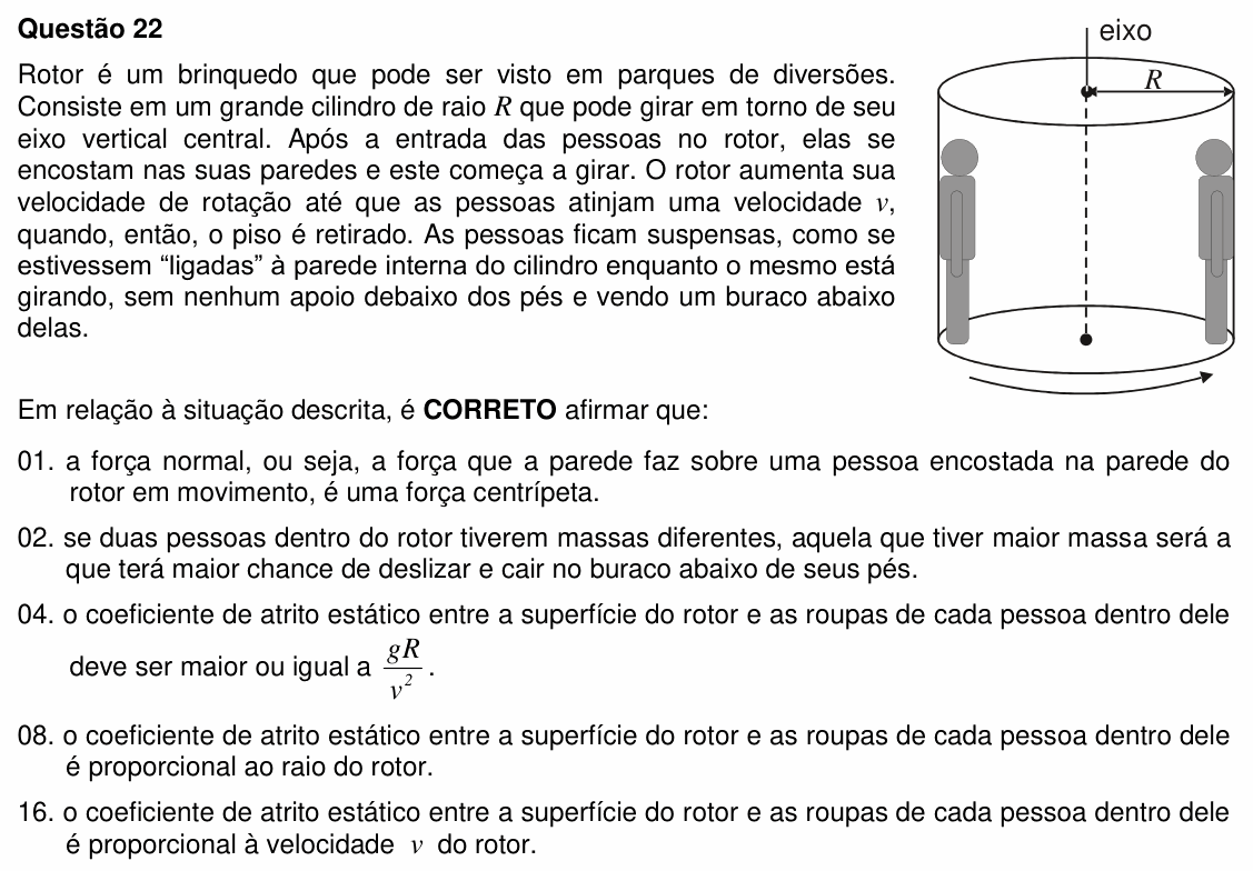 Enunciado da questão 22 de Física do UFSC 2010