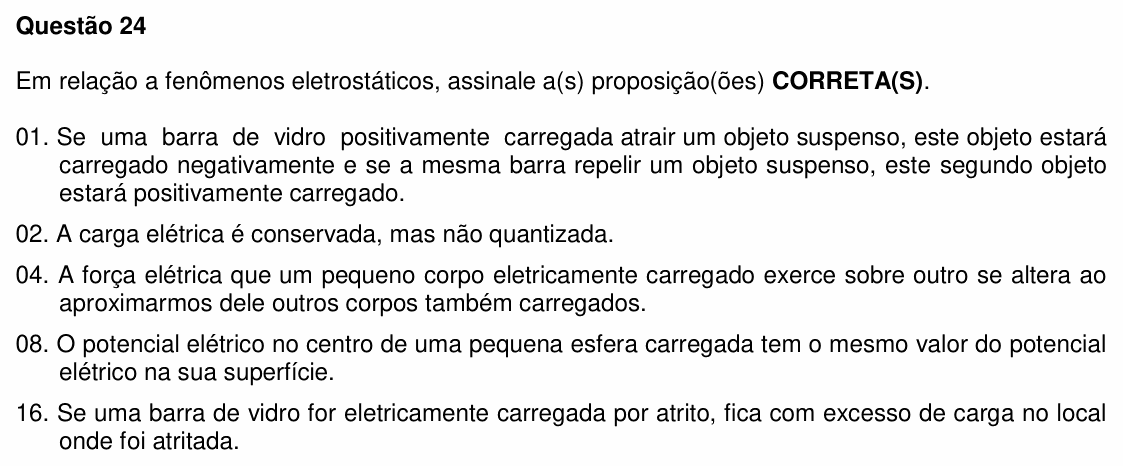 Enunciado da questão 24 de Física do UFSC 2010