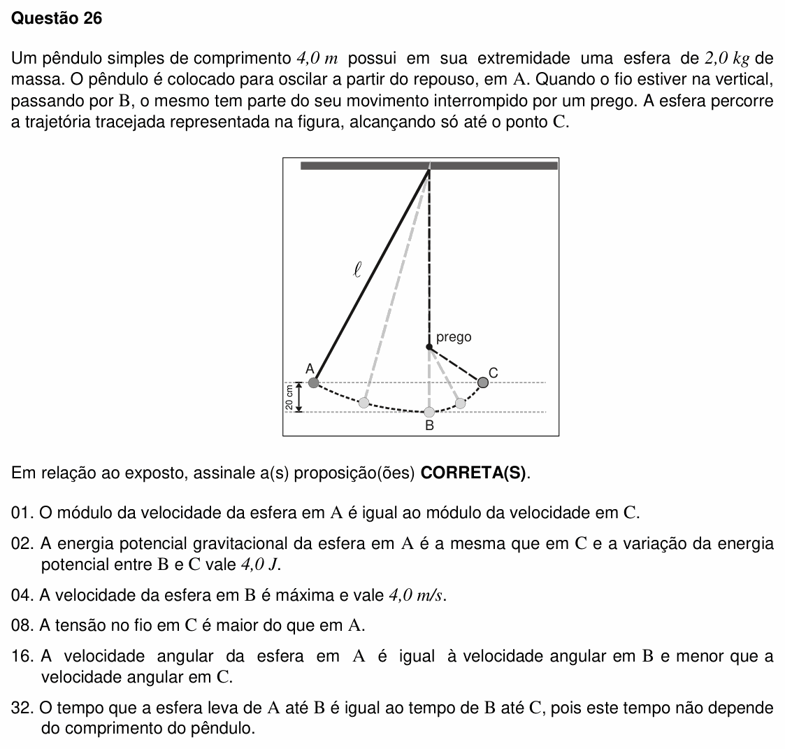 Enunciado da questão 26 de Física do UFSC 2010