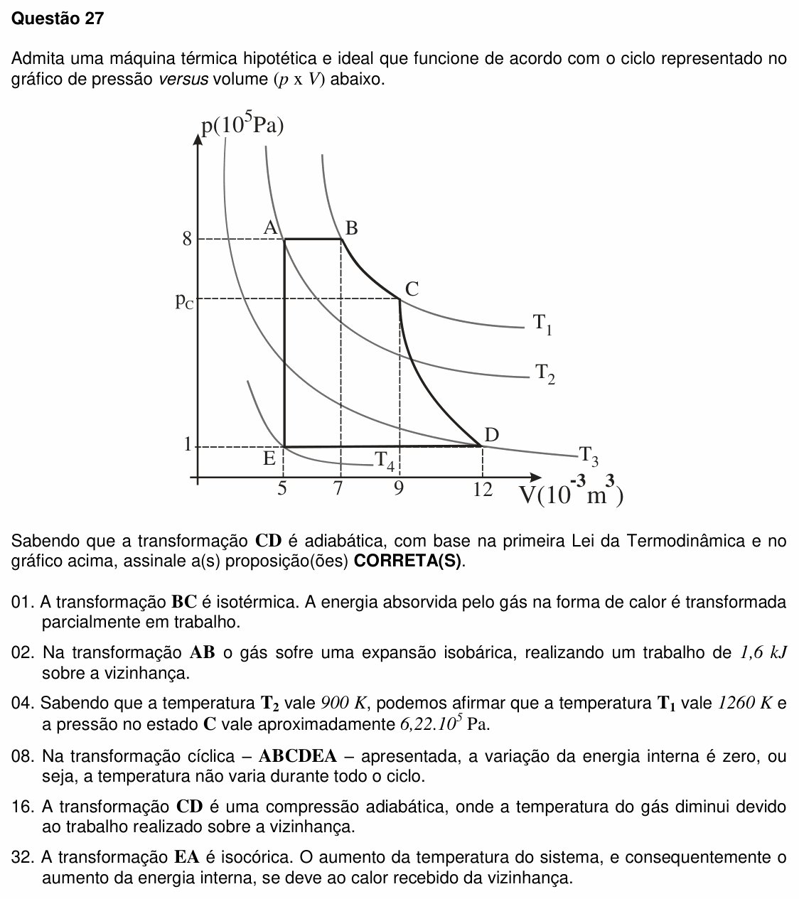 Enunciado da questão 27 de Física do UFSC 2010