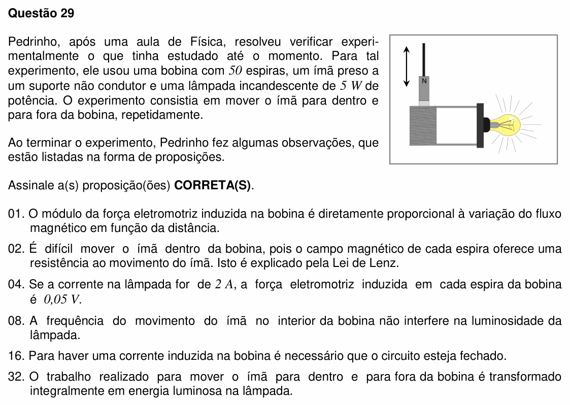 Enunciado da questão 29 de Física do UFSC 2010
