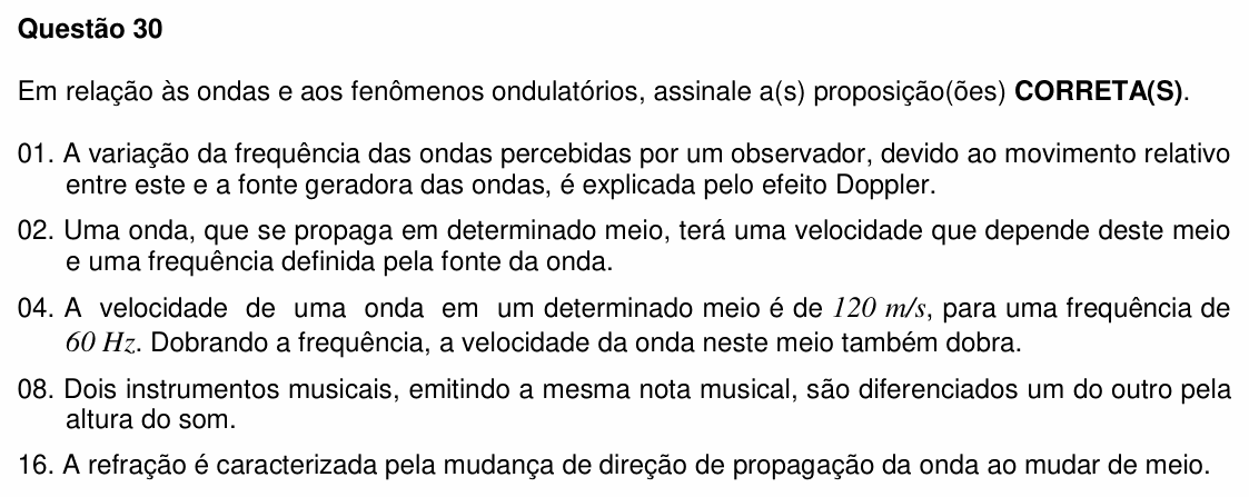Enunciado da questão 30 de Física do UFSC 2010