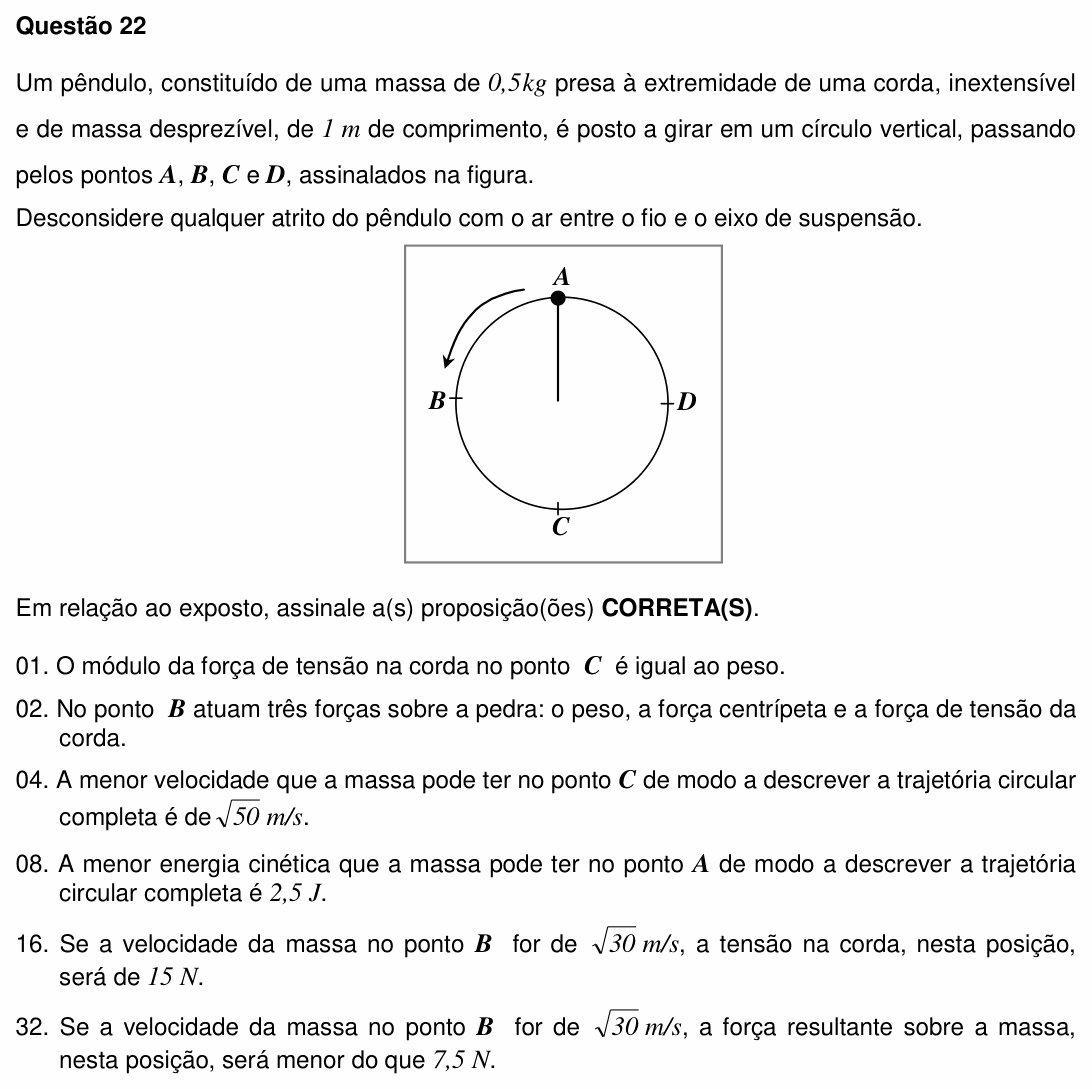 Enunciado da questão 22 de Física do UFSC 2011
