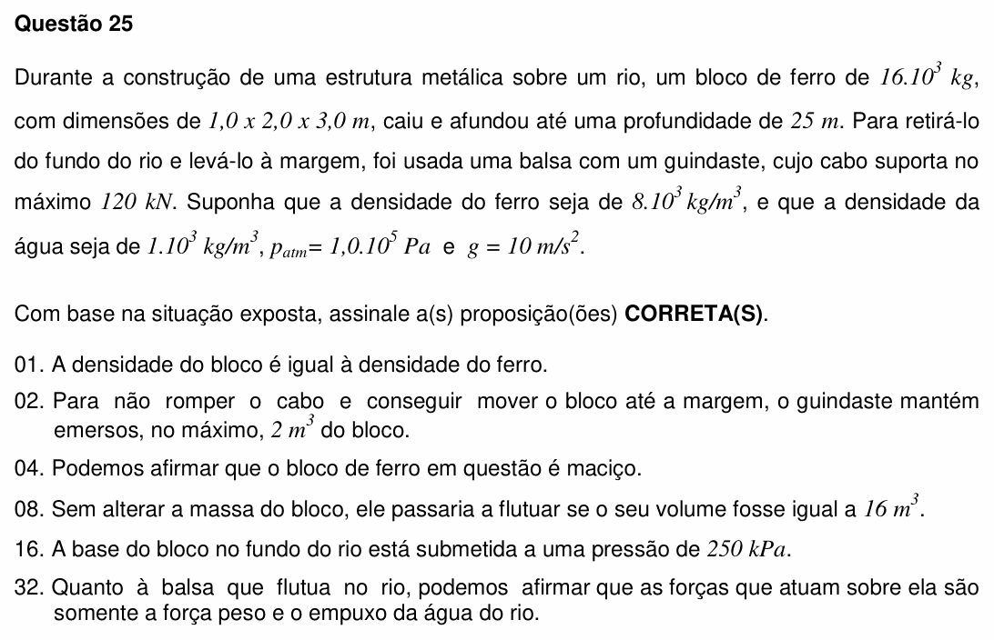 Enunciado da questão 25 de Física do UFSC 2011