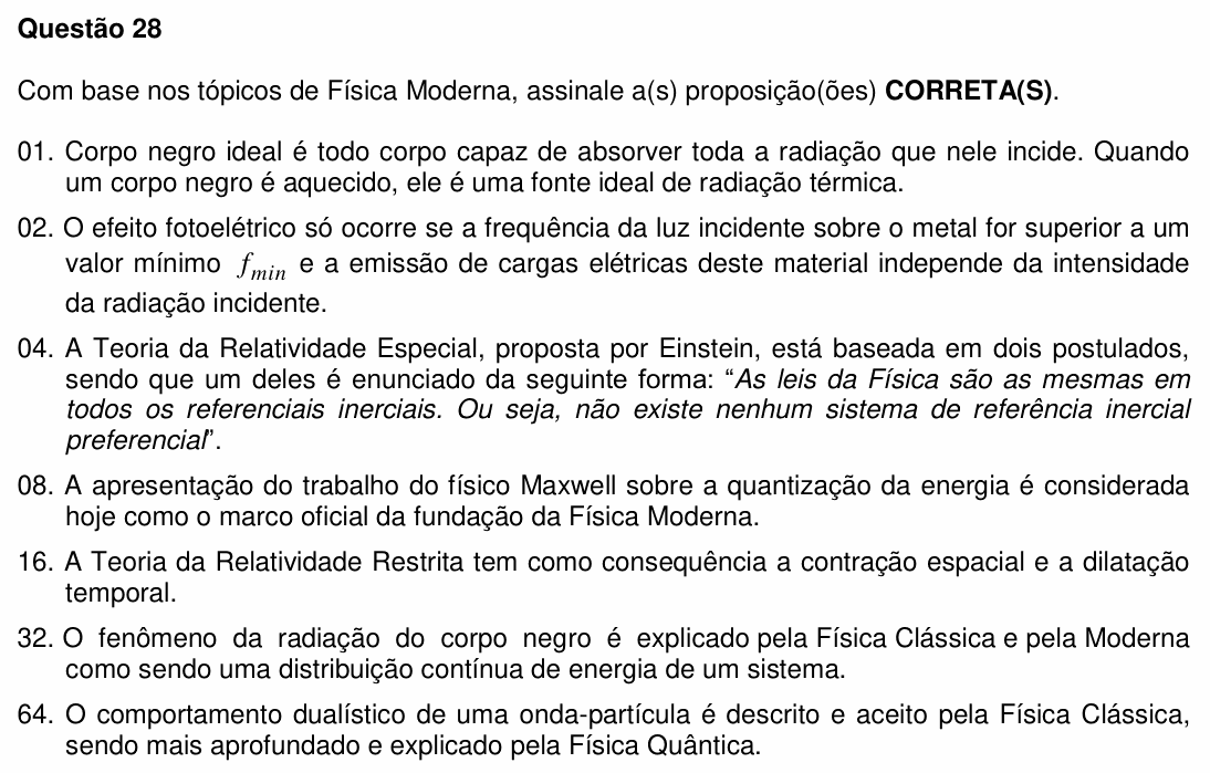 Enunciado da questão 28 de Física do UFSC 2011