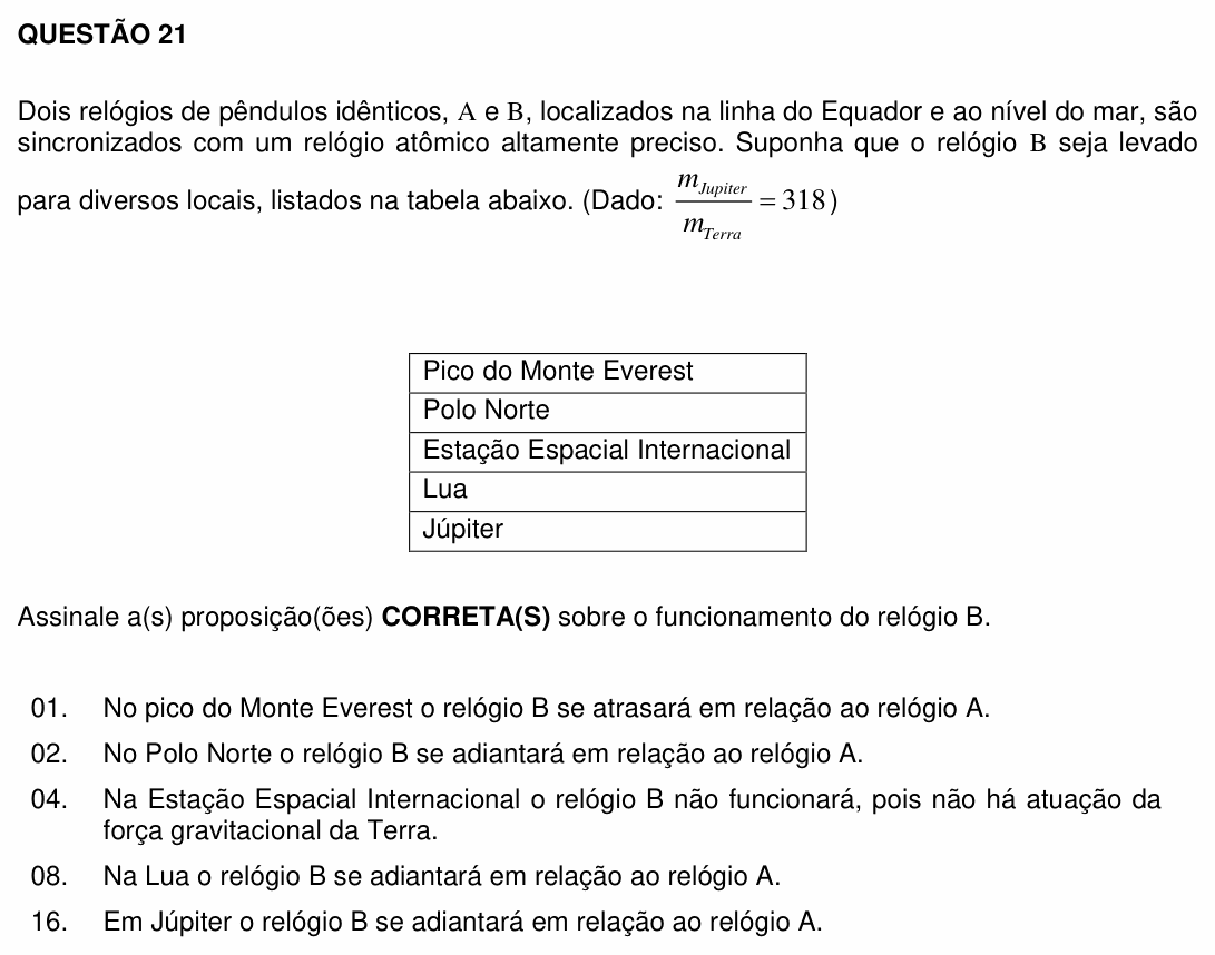 Enunciado da questão 21 de Física do UFSC 2012