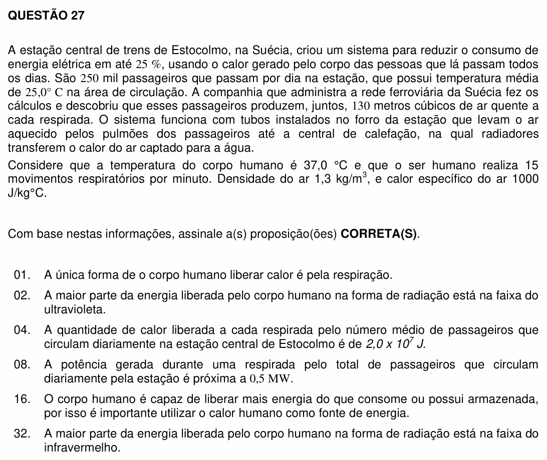 Enunciado da questão 27 de Física do UFSC 2012