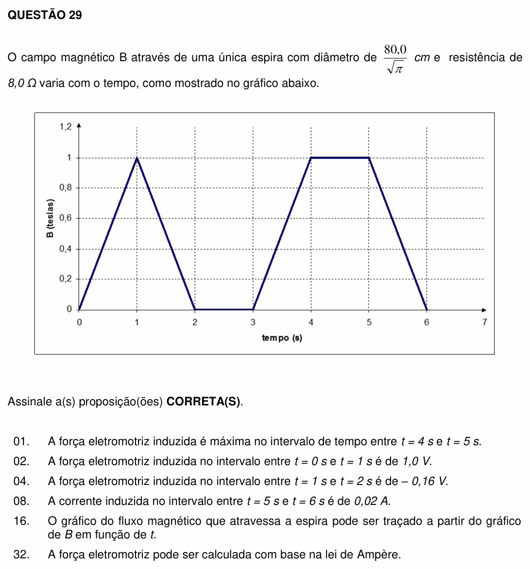 Enunciado da questão 29 de Física do UFSC 2012