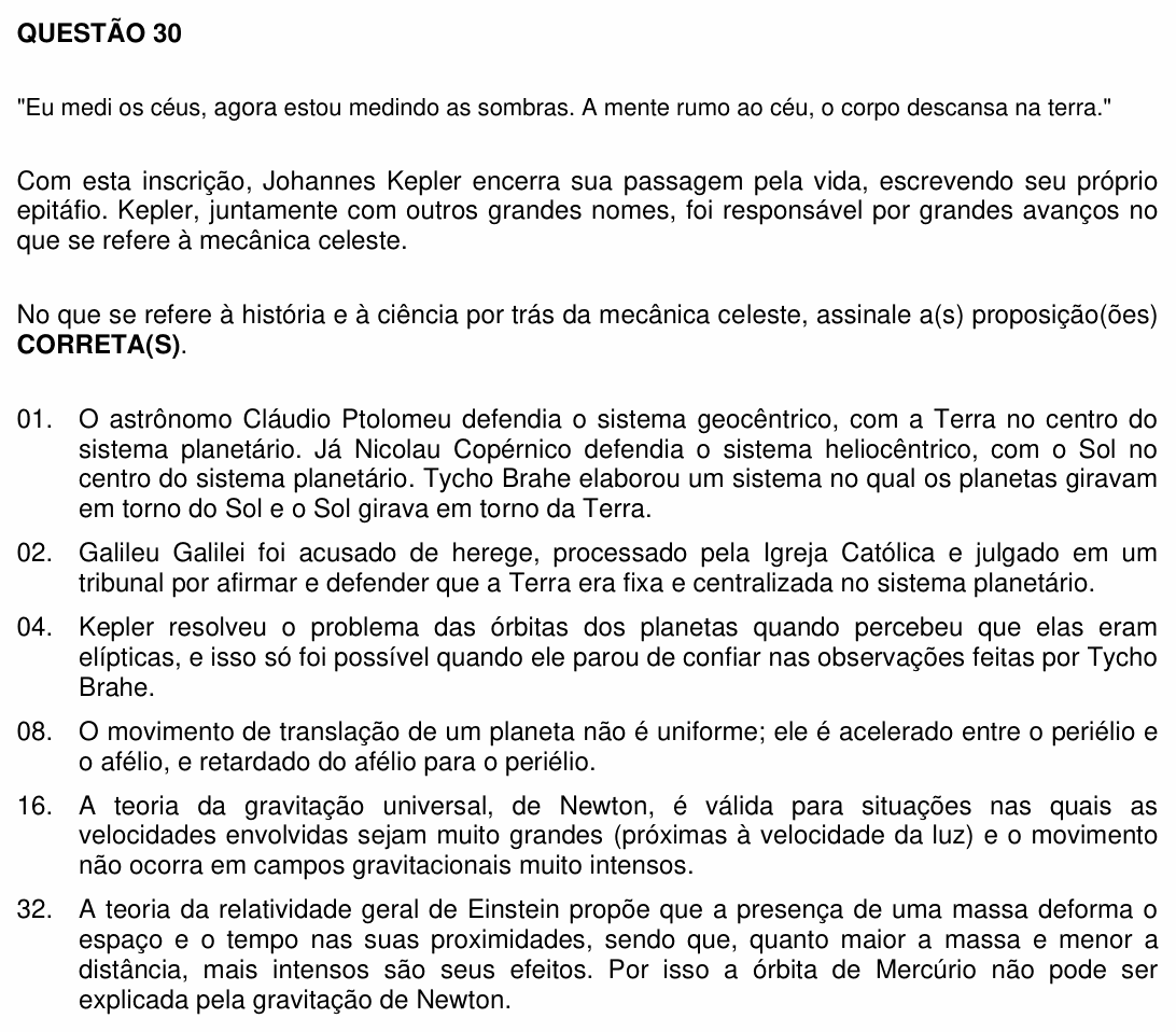Enunciado da questão 30 de Física do UFSC 2012