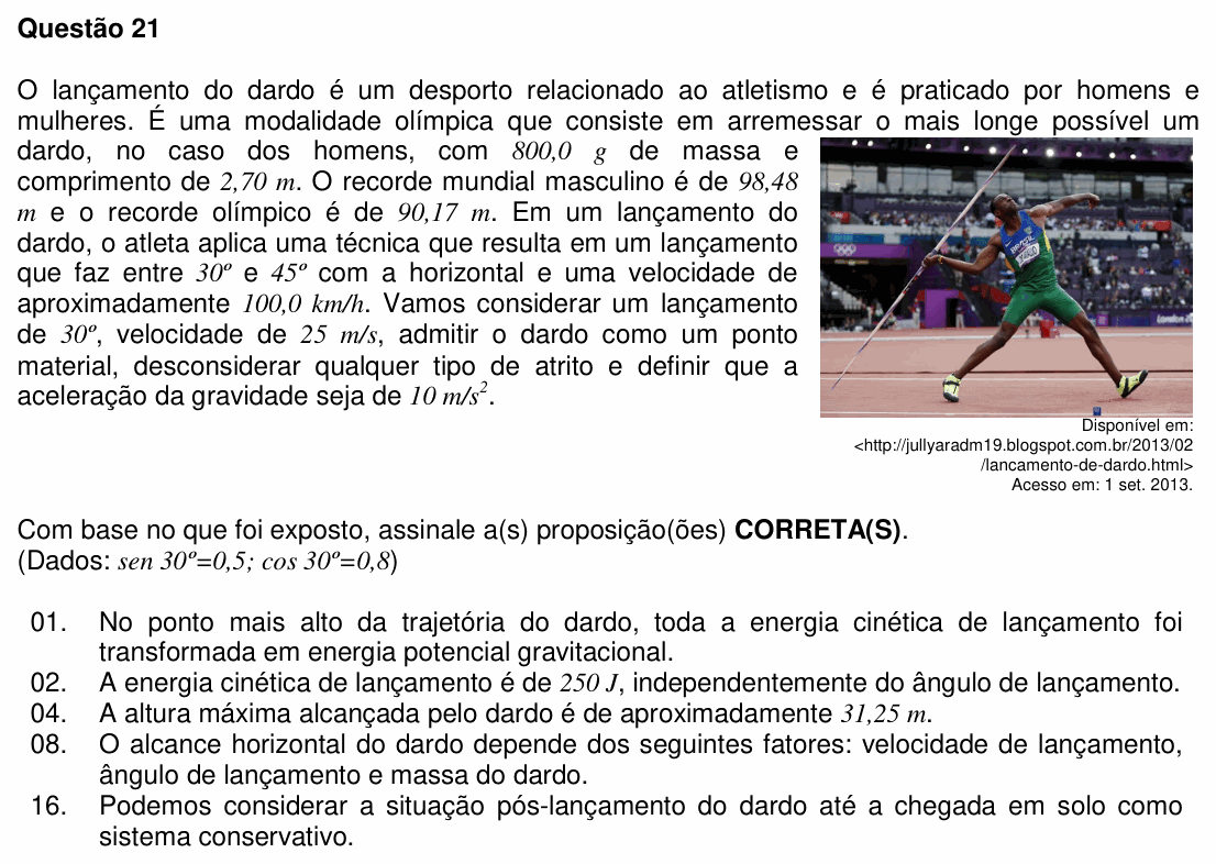 Enunciado da questão 21 de Física do UFSC 2014