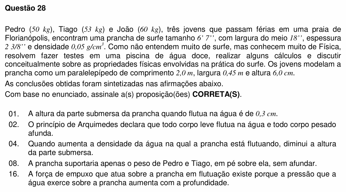 Enunciado da questão 28 de Física do UFSC 2014