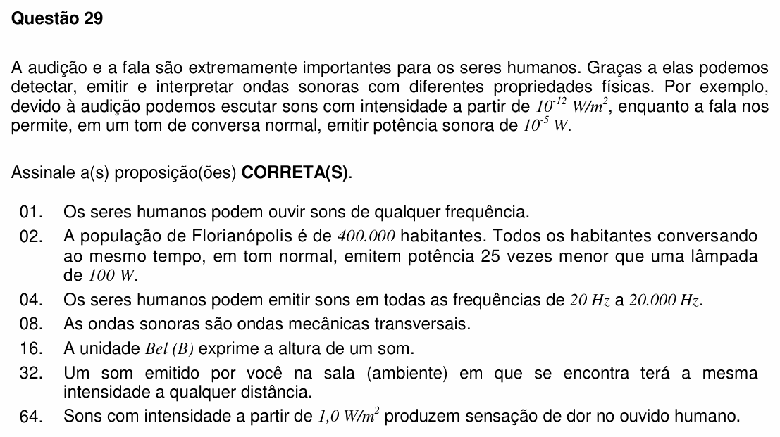 Enunciado da questão 29 de Física do UFSC 2014