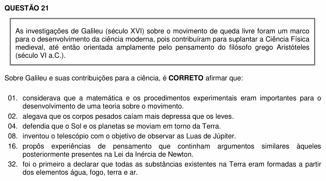 Enunciado da questão 21 de Física do UFSC 2016