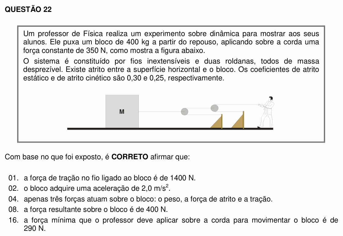 Enunciado da questão 22 de Física do UFSC 2016