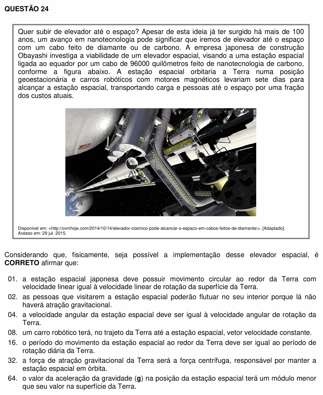 Enunciado da questão 24 de Física do UFSC 2016