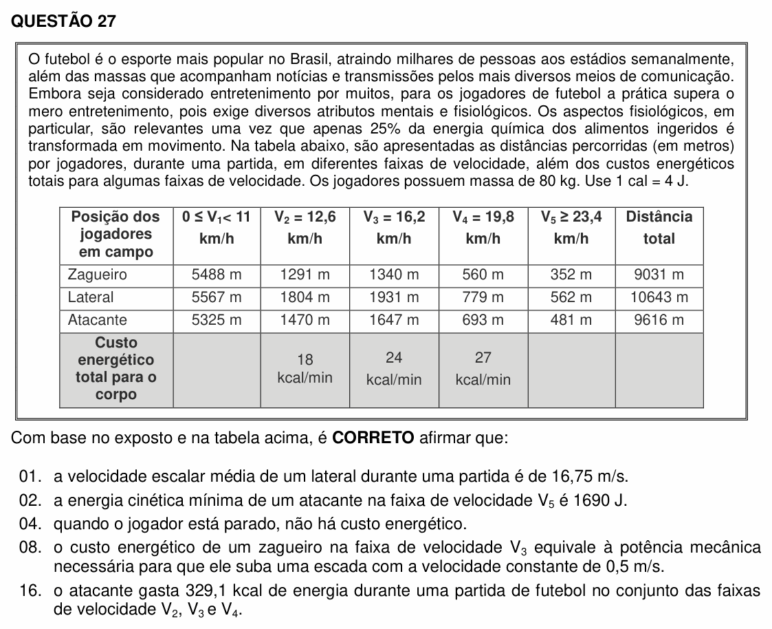 Enunciado da questão 27 de Física do UFSC 2016