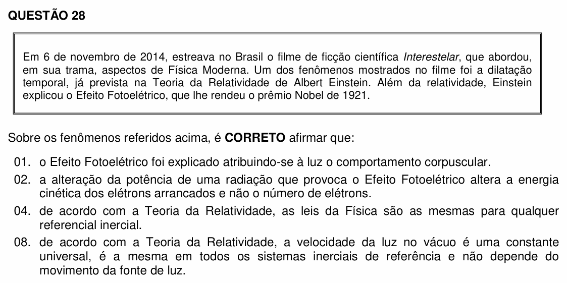 Enunciado da questão 28 de Física do UFSC 2016