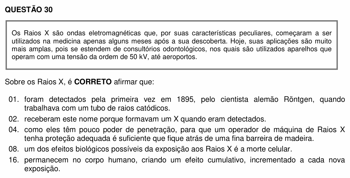 Enunciado da questão 30 de Física do UFSC 2016