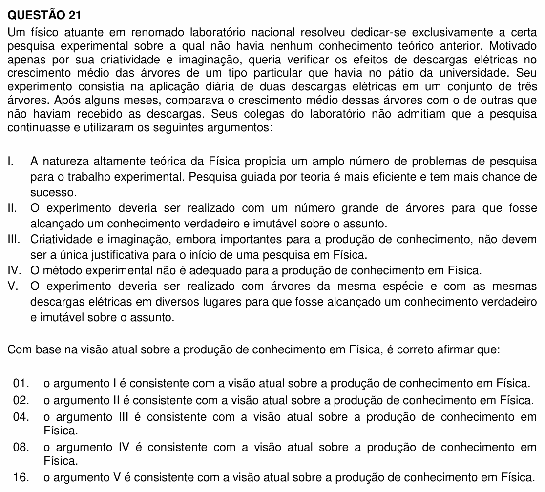 Enunciado da questão 21 de Física do UFSC 2017