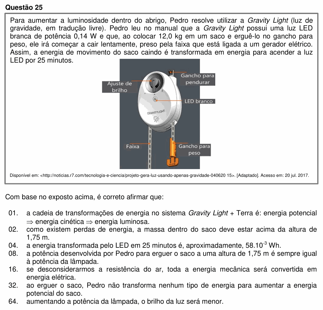 Enunciado da questão 25 de Física do UFSC 2018