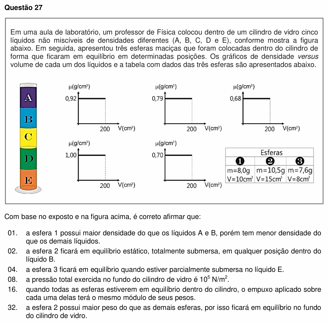 Enunciado da questão 27 de Física do UFSC 2018