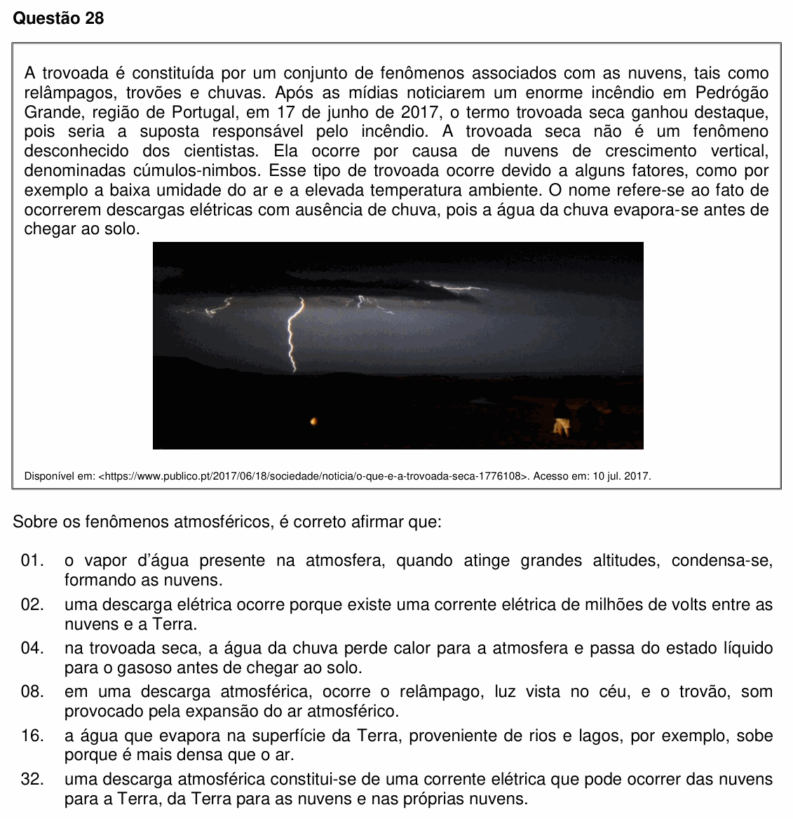 Enunciado da questão 28 de Física do UFSC 2018
