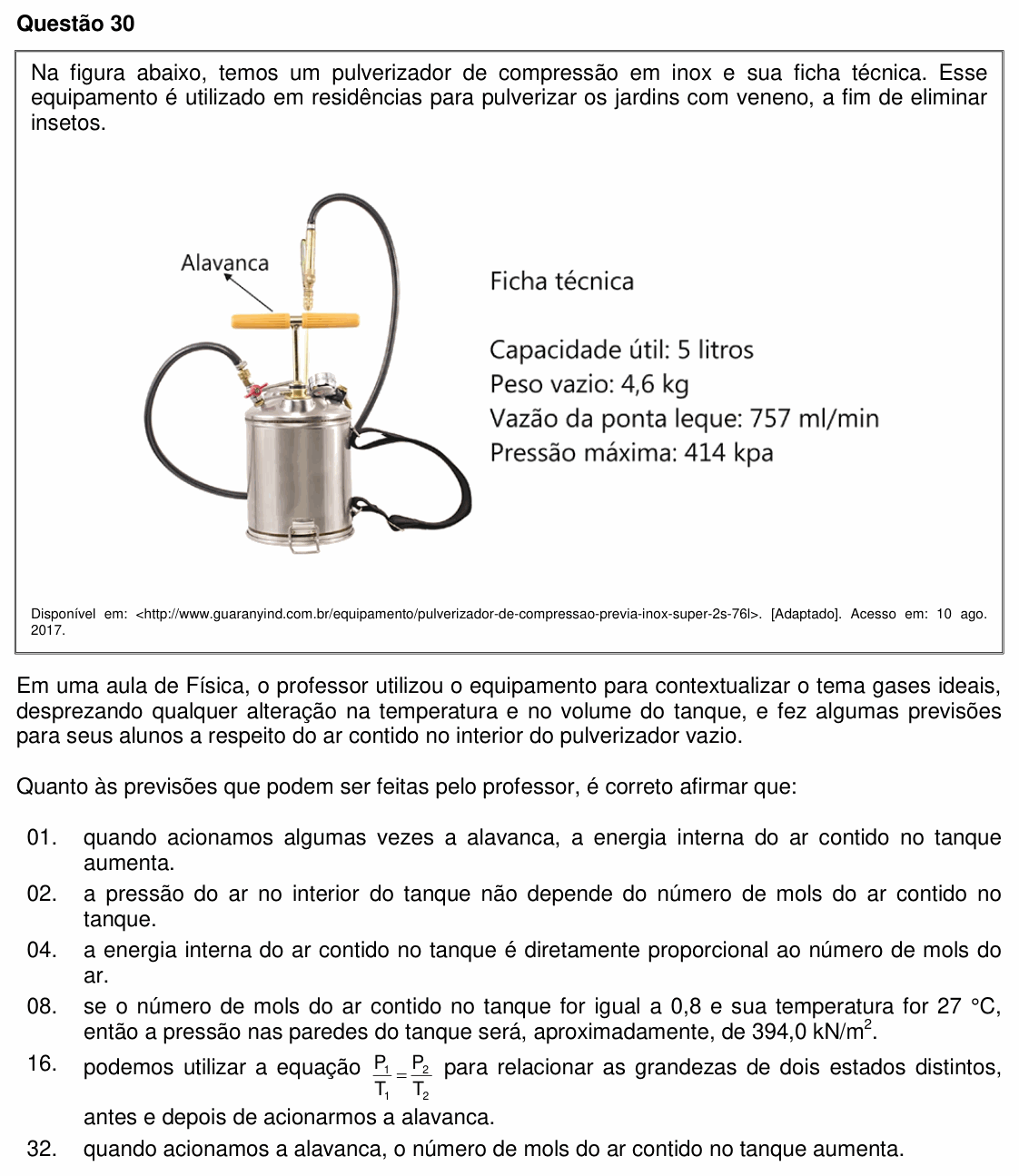 Enunciado da questão 30 de Física do UFSC 2018