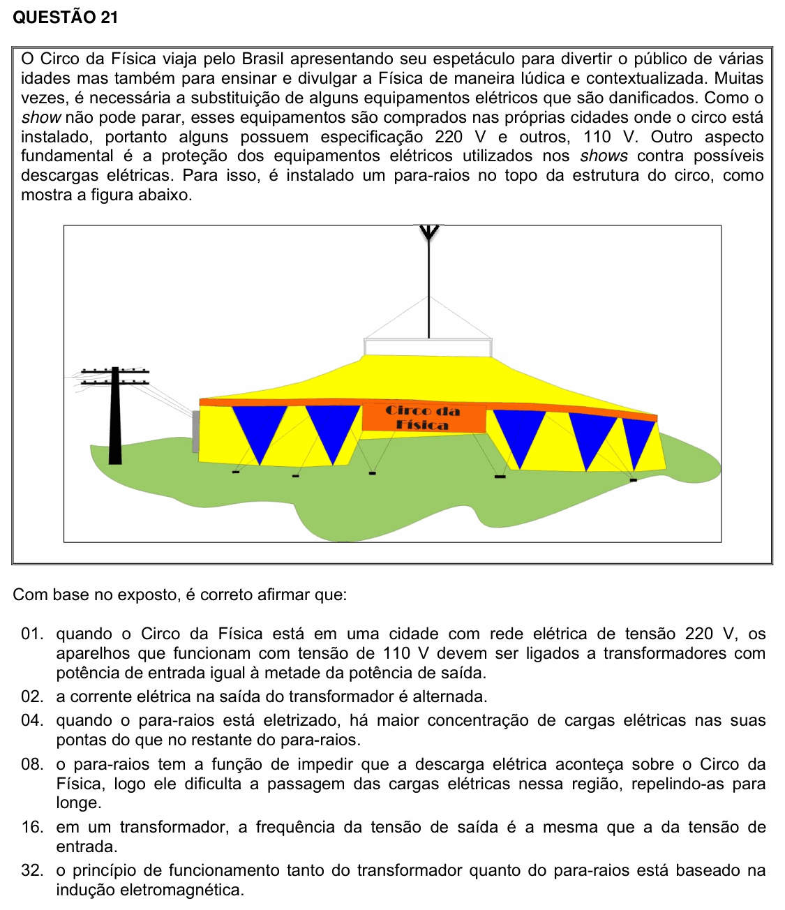 Enunciado da questão 21 de Física do UFSC 2019