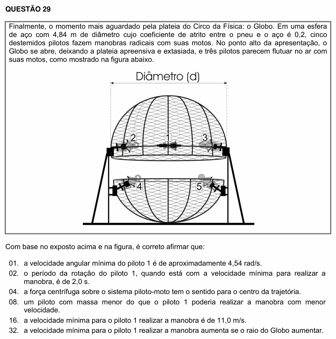 Enunciado da questão 29 de Física do UFSC 2019