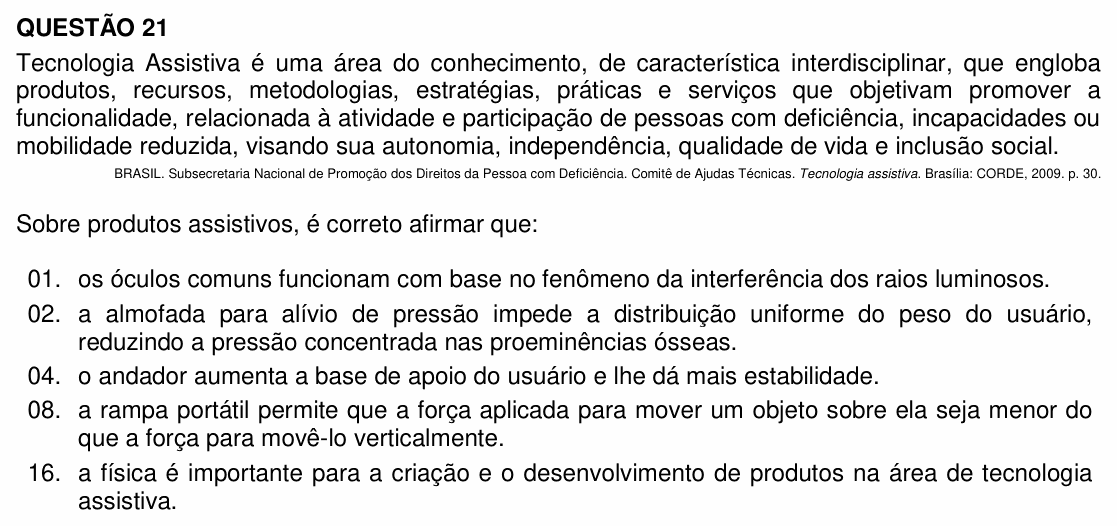 Enunciado da questão 21 de Física do UFSC 2020