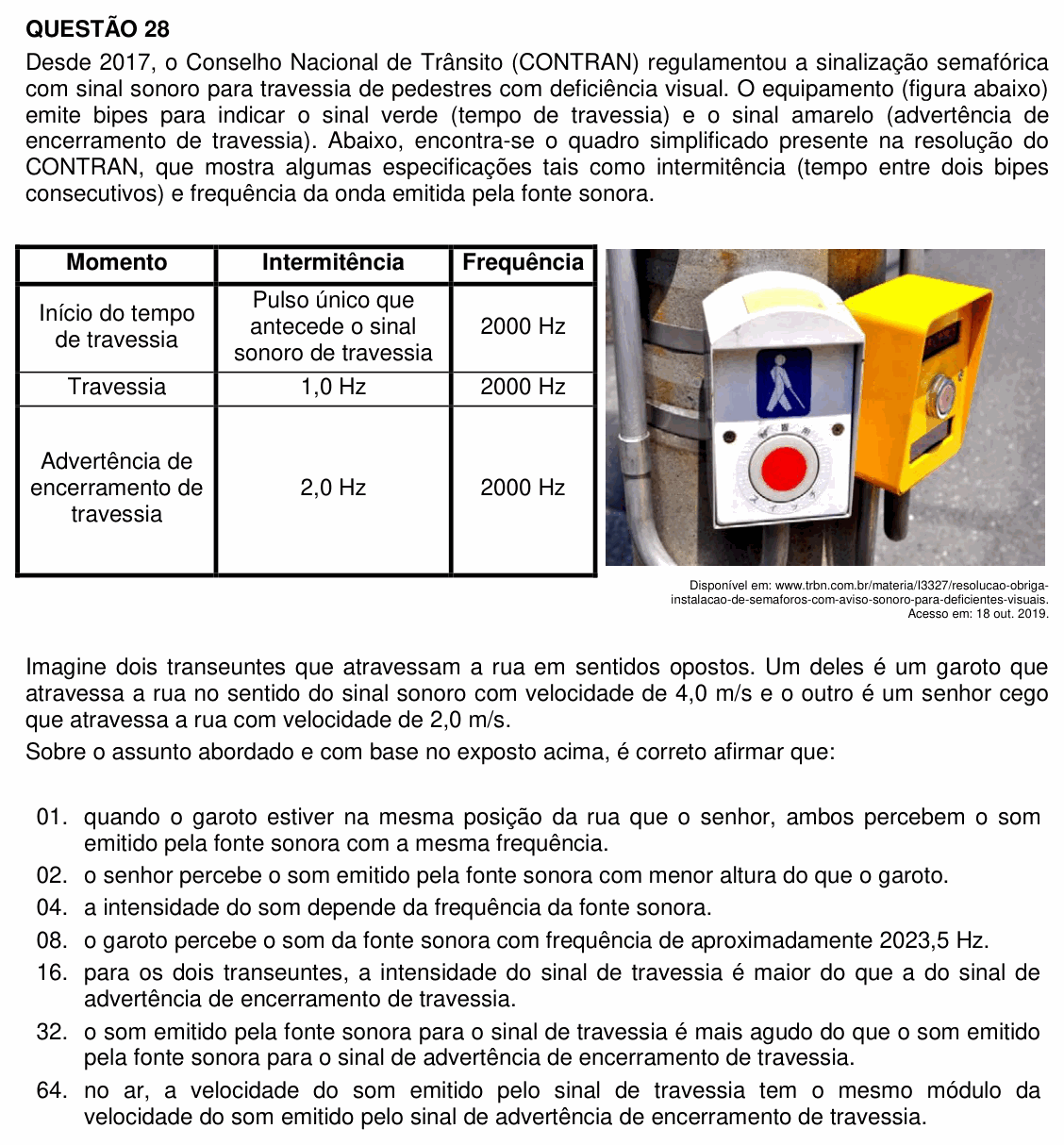 Enunciado da questão 28 de Física do UFSC 2020