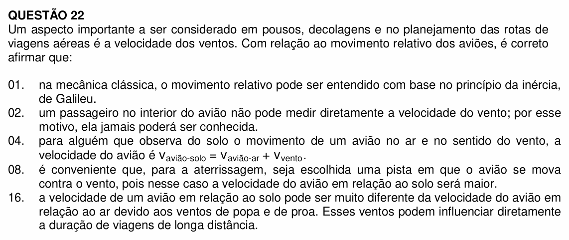 Enunciado da questão 22 de Física do UFSC 2022