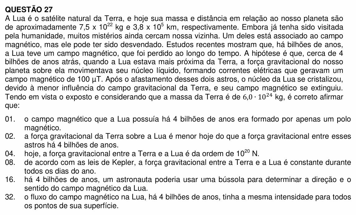 Enunciado da questão 27 de Física do UFSC 2022