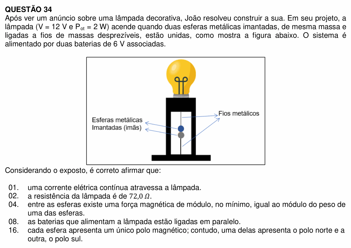 Enunciado da questão 34 de Física do UFSC 2022 (Vagas Remanescentes)