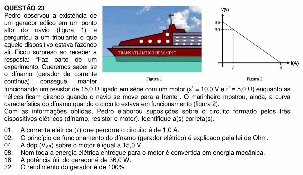Enunciado da questão 23 de Física do UFSC 2023