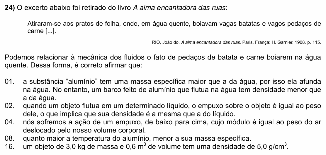 Enunciado da questão 24 de Física do UFSC 2024