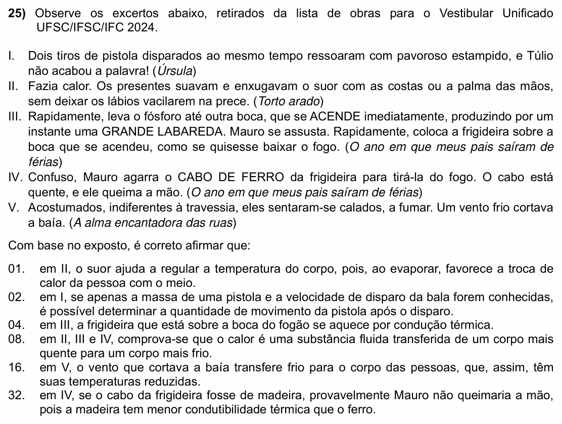 Enunciado da questão 25 de Física do UFSC 2024