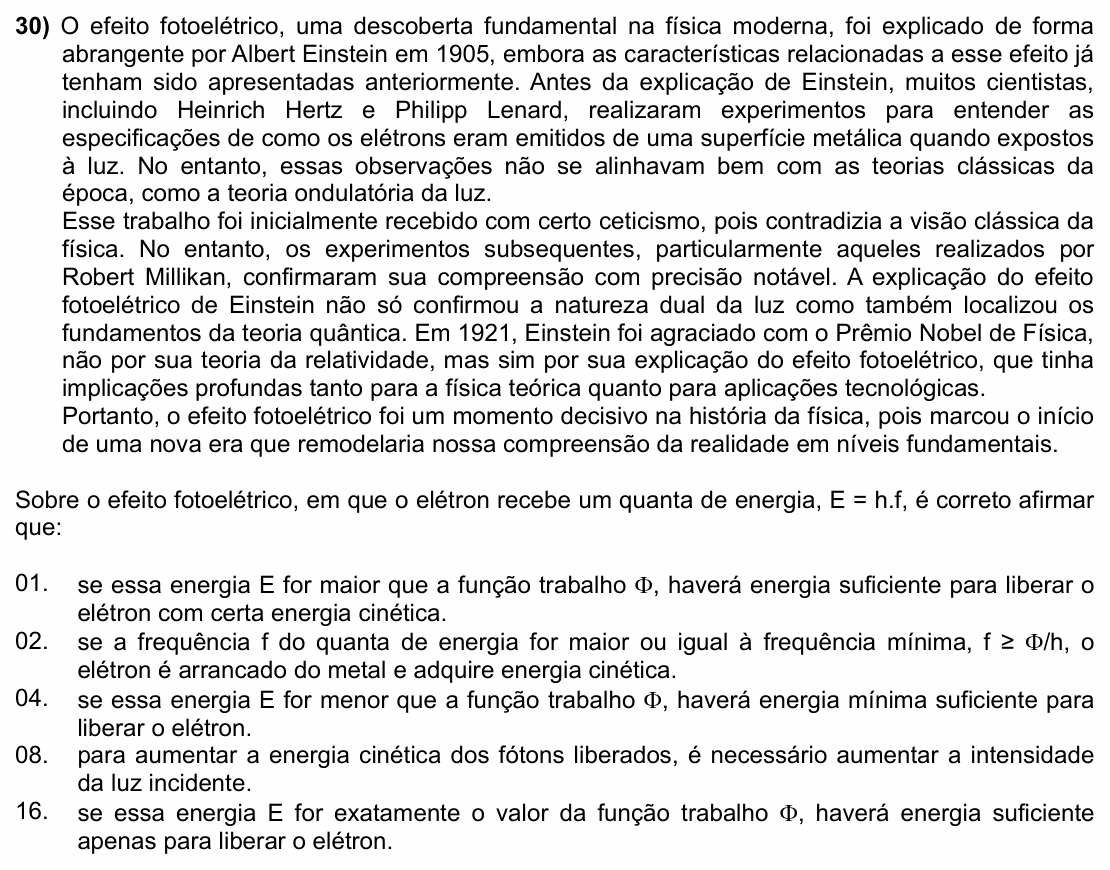 Enunciado da questão 30 de Física do UFSC 2024