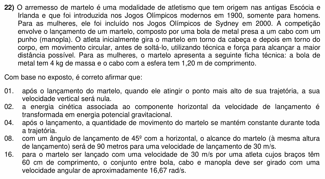 Enunciado da questão 22 de Física do UFSC 2025