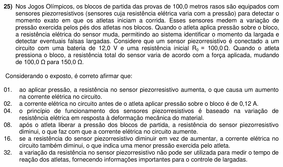Enunciado da questão 25 de Física do UFSC 2025