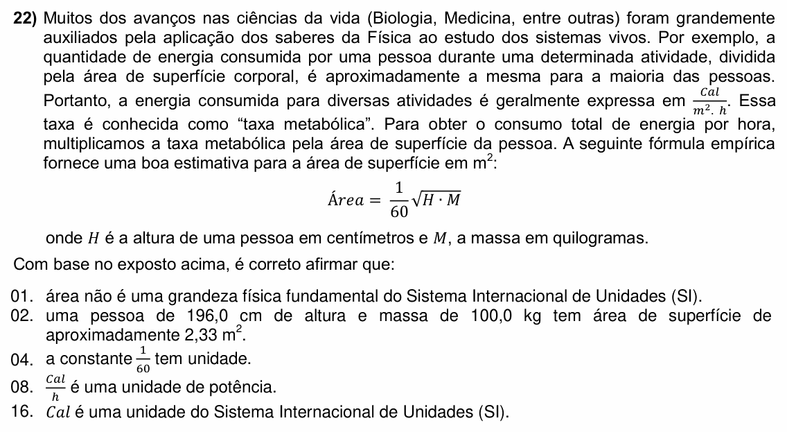 Enunciado da questão 22 de Física do UFSC 2026