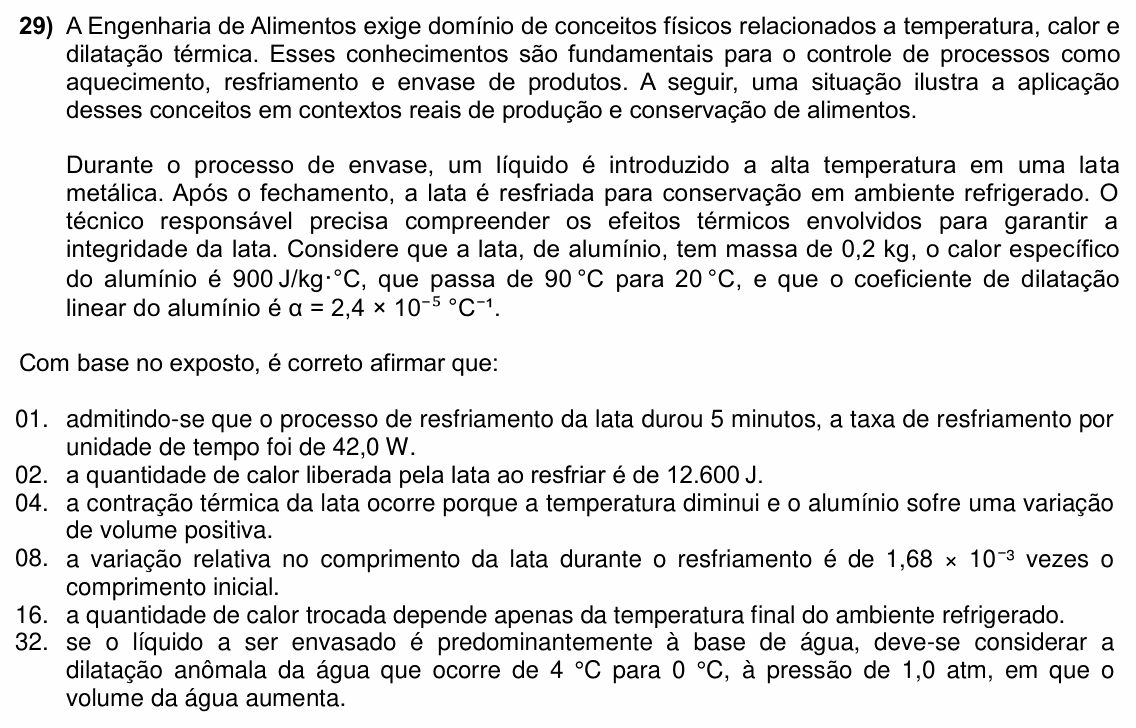 Enunciado da questão 29 de Física do UFSC 2026