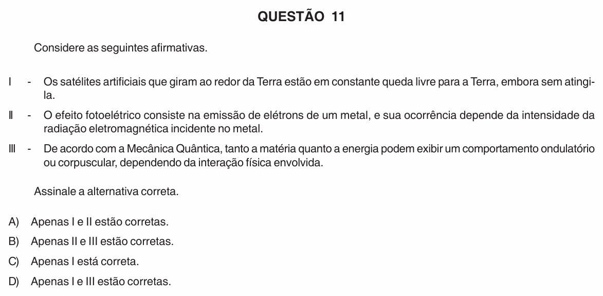 Enunciado da questão 11 de Física do UFU 2009-2