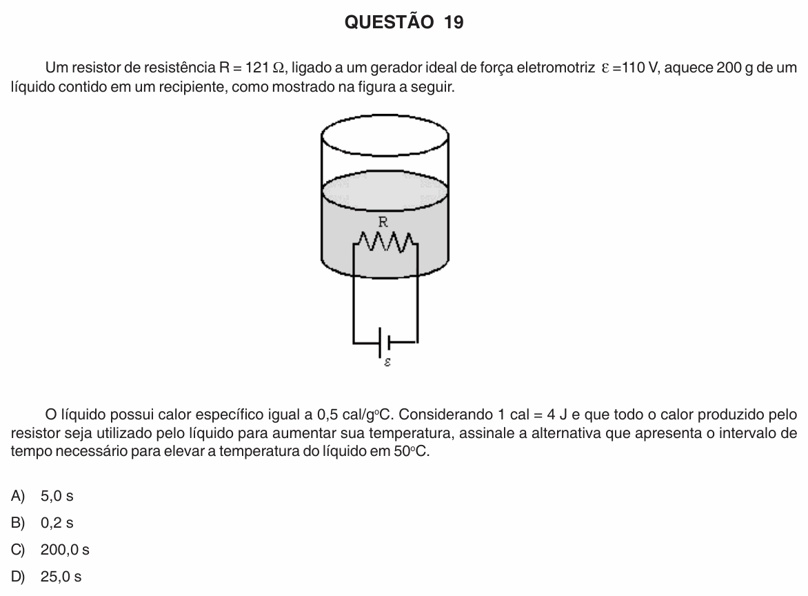 Enunciado da questão 19 de Física do UFU 2009-2