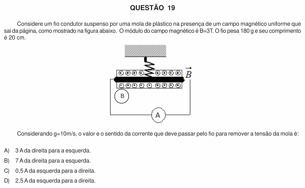 Enunciado da questão 19 de Física do UFU 2011-1 (Processo Seletivo Especial)