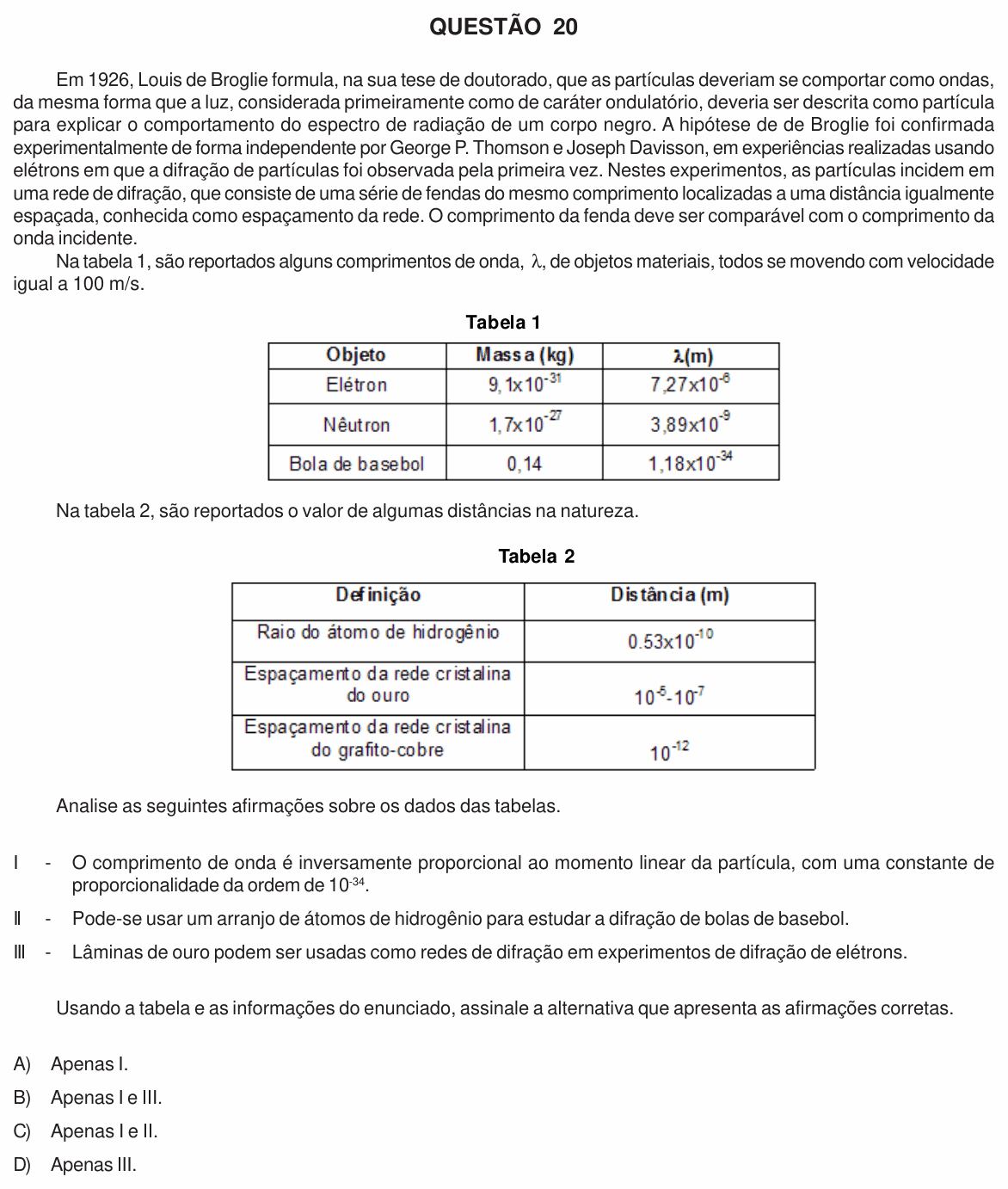 Enunciado da questão 20 de Física do UFU 2011-1 (Processo Seletivo Especial)